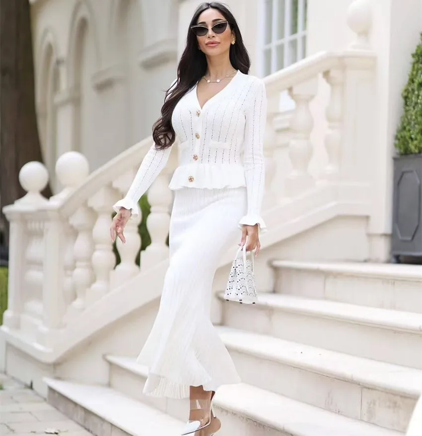 Runway Fall Winter Knitted 2 Piece Set New Women V Neck Beaded Buttons Flare Sleeve Hollow Out Cardigan +Midi Mermaid Skirt Suit