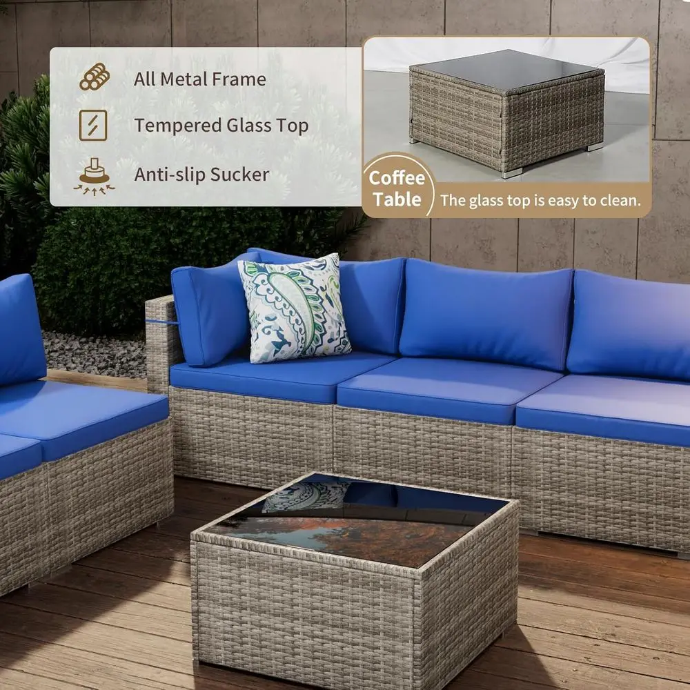 Weather-Resistant Grey 2-Piece Outdoor Wicker Sofa Set with Blue Cushions