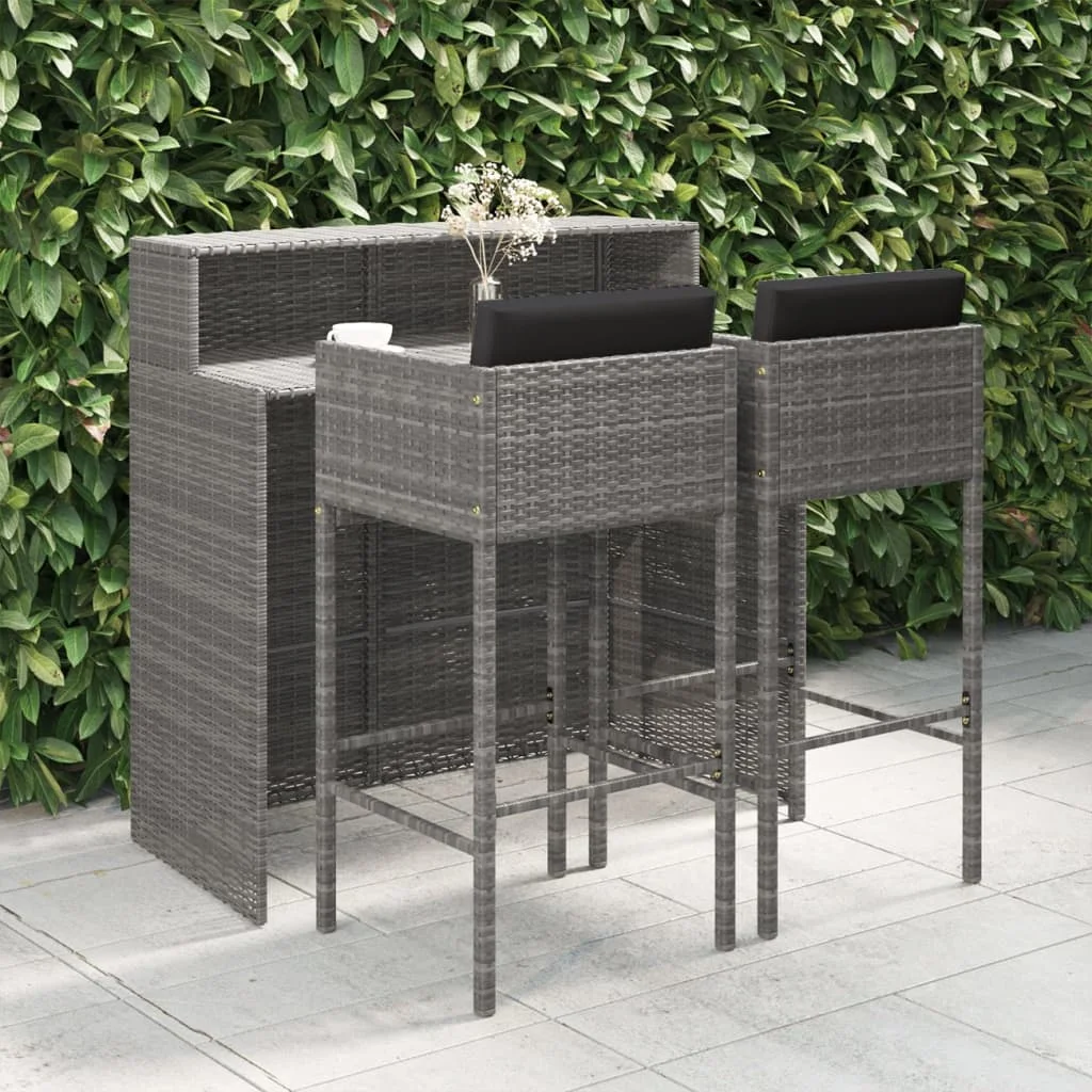 Vidaxl 3-delige Patio Bar Set Met Kussens Poly Rotan Grijze Bar Meubels/Bar Meubelset