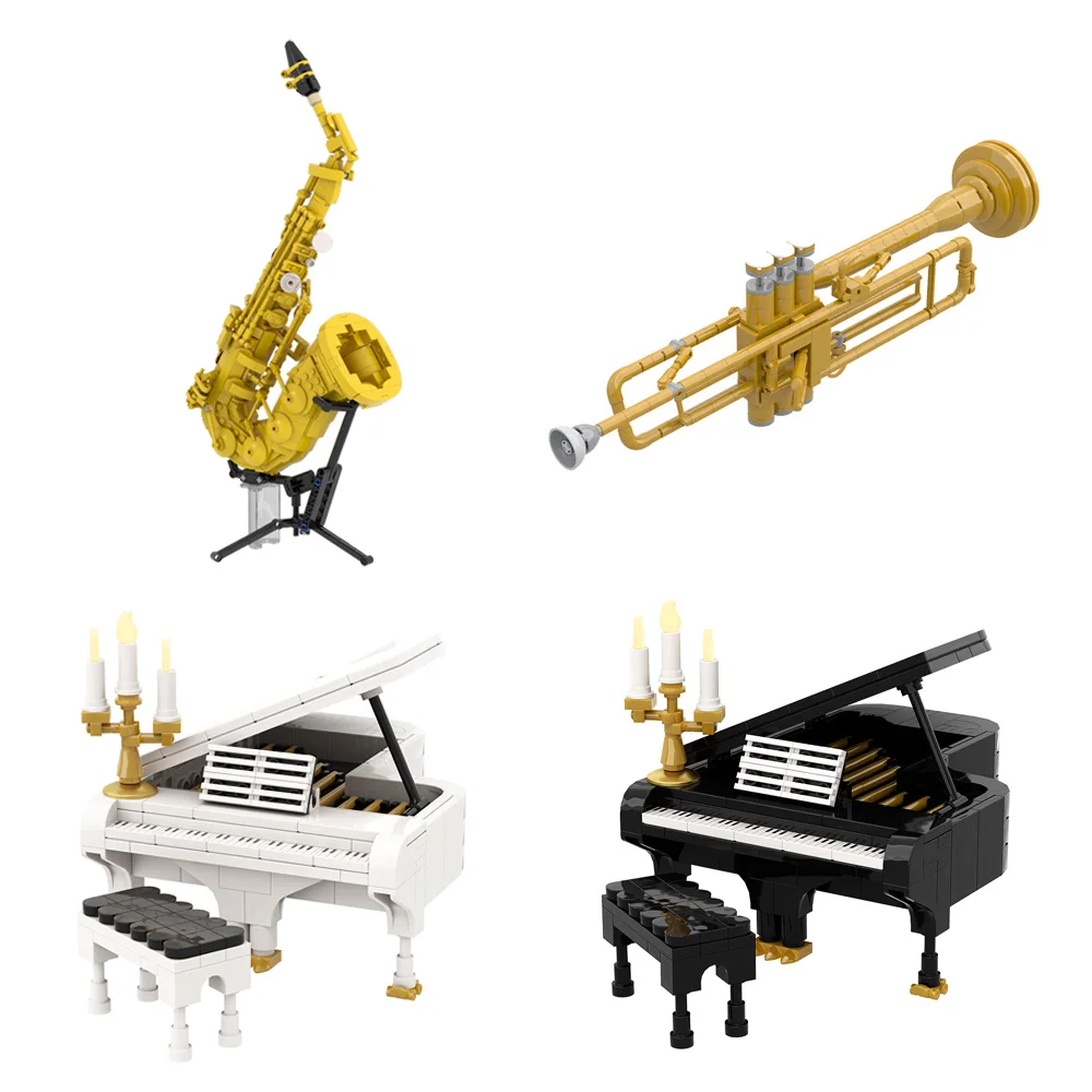 MOC High Quality Saxophone Building Blocks Model White Piano Bricks Trumpet With Working Pistons Assembly Toys Aldult DIY Gifts