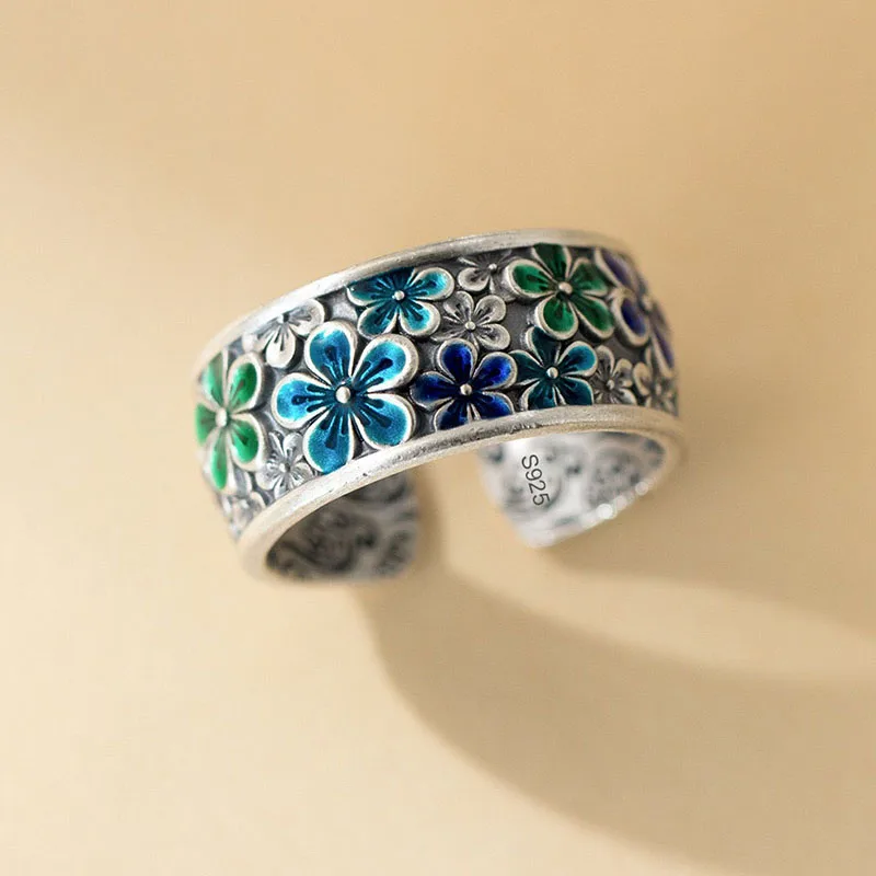 خواتم من الفضة الإسترليني عيار 925 للنساء مجوهرات راقية هندسية قابلة للتعديل خاتم زهرة خضراء بسيط كهدية عيد ميلاد للحفلات