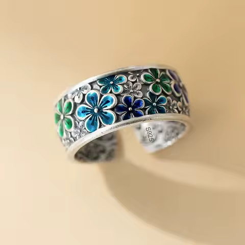 925 Sterling Silver Rings For Women Geometric Fine Jewelry Finger Adjustable Simple Green Flower Ring For Party Birthday Gift