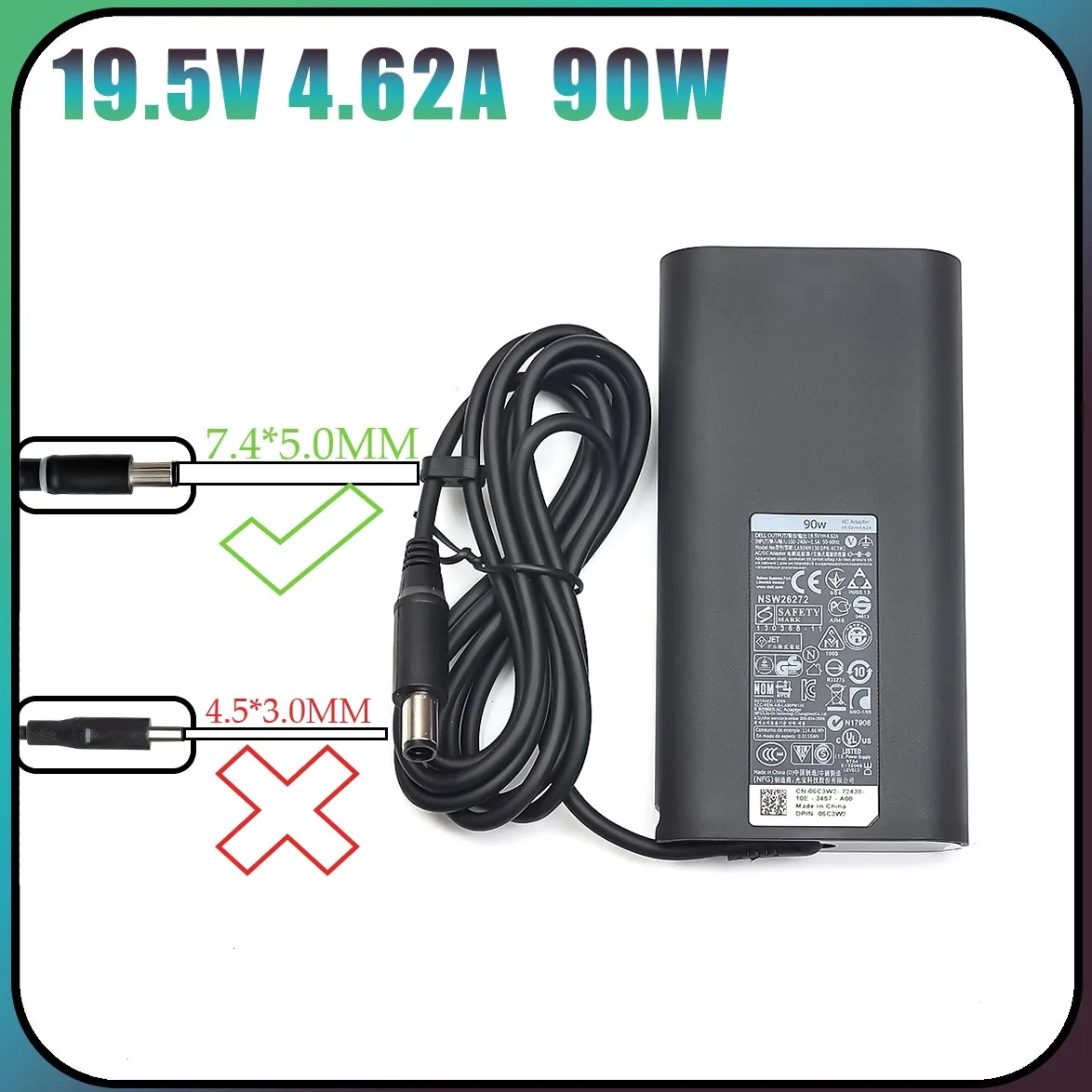 19.5V 4.62A 90W Laptop Adapter AC Charger for DELL 14R 15R 552 7520 14Z 17R 5720 E6400 E7440 LA90PM111 DA90PM111 Supply