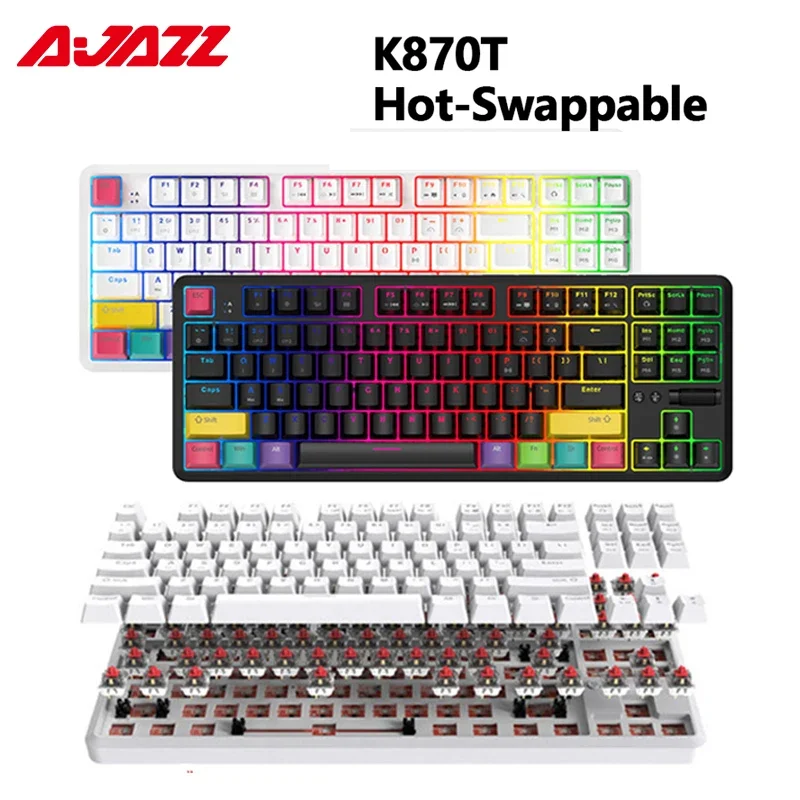 AJAZZ K870T Hot Swap Mechanical Keyboard Wireless Bluetooth Dual Mode 87 Keys RGB Backlit Gaming Red Switch Keyboard for Desktop