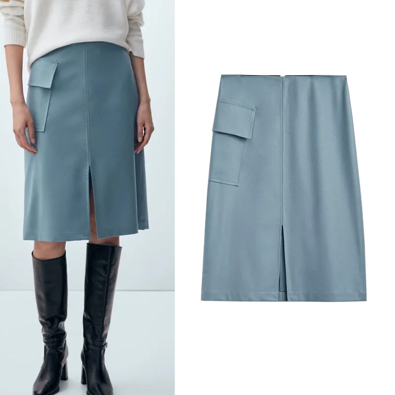 

Юбка-трапеция с высокой талией и разрезом по бокам. Простая юбка длиной до колена для женщин.