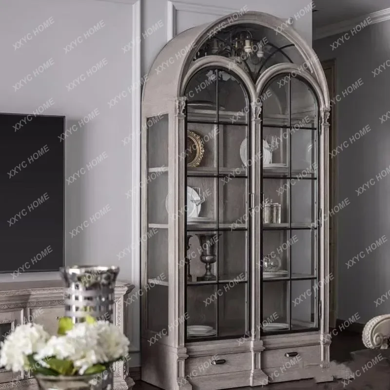 NiCe Distressed Semicircle Arch Showcase Bookcase Mild Luxury Retro Sideboard Cabinet Renaissance Wine Cabinet