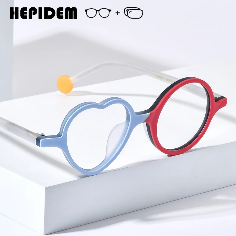 HEPIDEM Progressive Prescription Eyeglasses Custom  Anti Blue Myopia Optical Lenses Eyewear Women Acetate Heart Round Glasses
