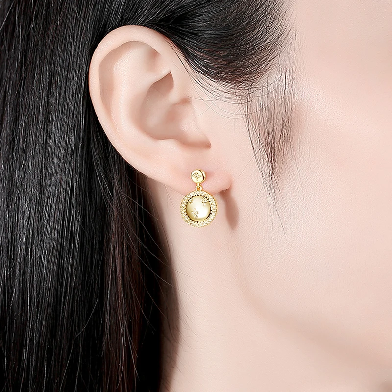 LUOTEEMI Delicate Cubic Zirconia Lab Pandent Gold Color Double Rould  Pierced Earrings for Ladies Unique Classic Brithday Gifts