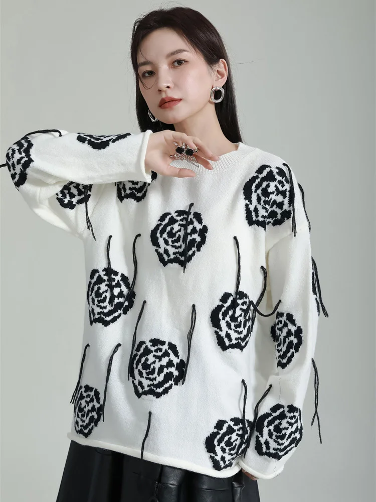 [EAM] Wihte Flower Big Size Knitting Sweater Round Neck Long Sleeve Women Pullovers New Fashion Tide Spring Autumn 2024 1DF5110