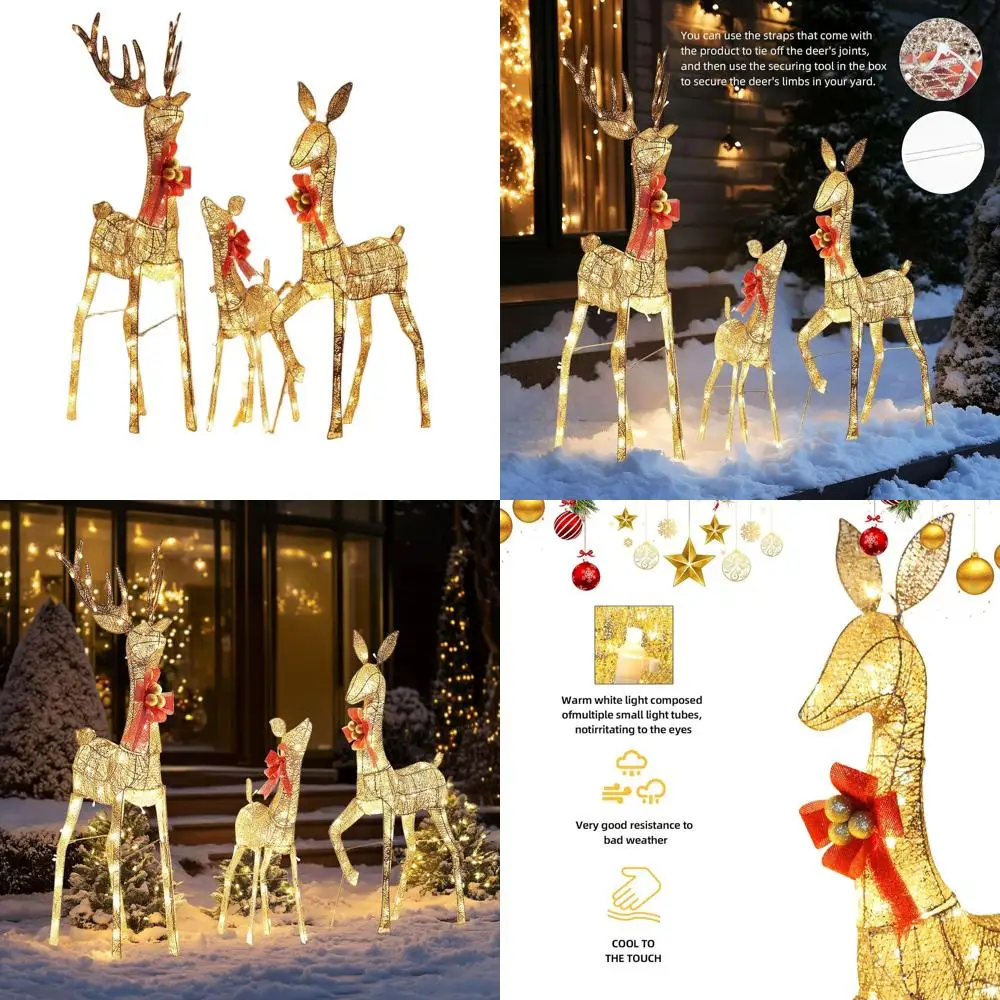 

Illuminated 3D Reindeer Family Christmas Decoration Set with 210 LEDs, Outdoor Lawn Display with Stakes and Bows
