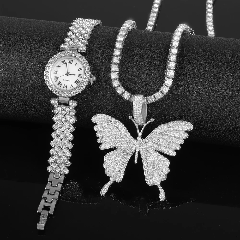 Elegante Set di orologi da donna Hip-hop Punk intarsiato con diamanti e collana con ciondolo a farfalla catena da Tennis in argento regalo di gioielli di lusso