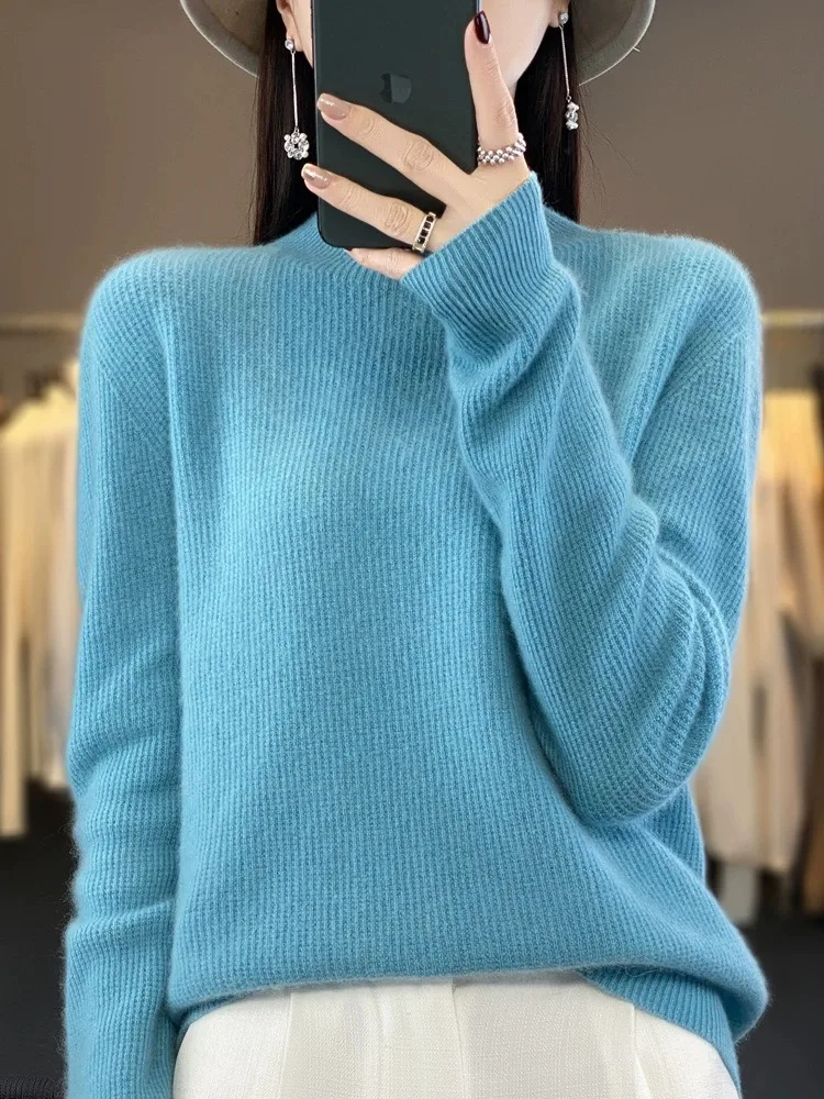 Suéter de lana pura de punto suelto para mujer de gama alta ropa interior de cuello alto Otoño Invierno cómodo Top de lana transpirable