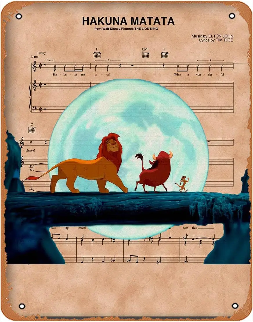 Lion King Simba Timon And Pumba Sheet Music Art Print-Poster Vintage Tin Sign 8x12 inches,Metal Sign Retro Art Wal