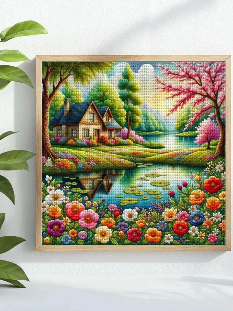 1 Stück 40x40 cm/15,74 Zoll Schönes Landschafts-Motiv Gestempeltes Kreuzstich-Set DIY-Kit 11CT/14CT DIY-Stickset Kreuzstich-Set – Detail 1