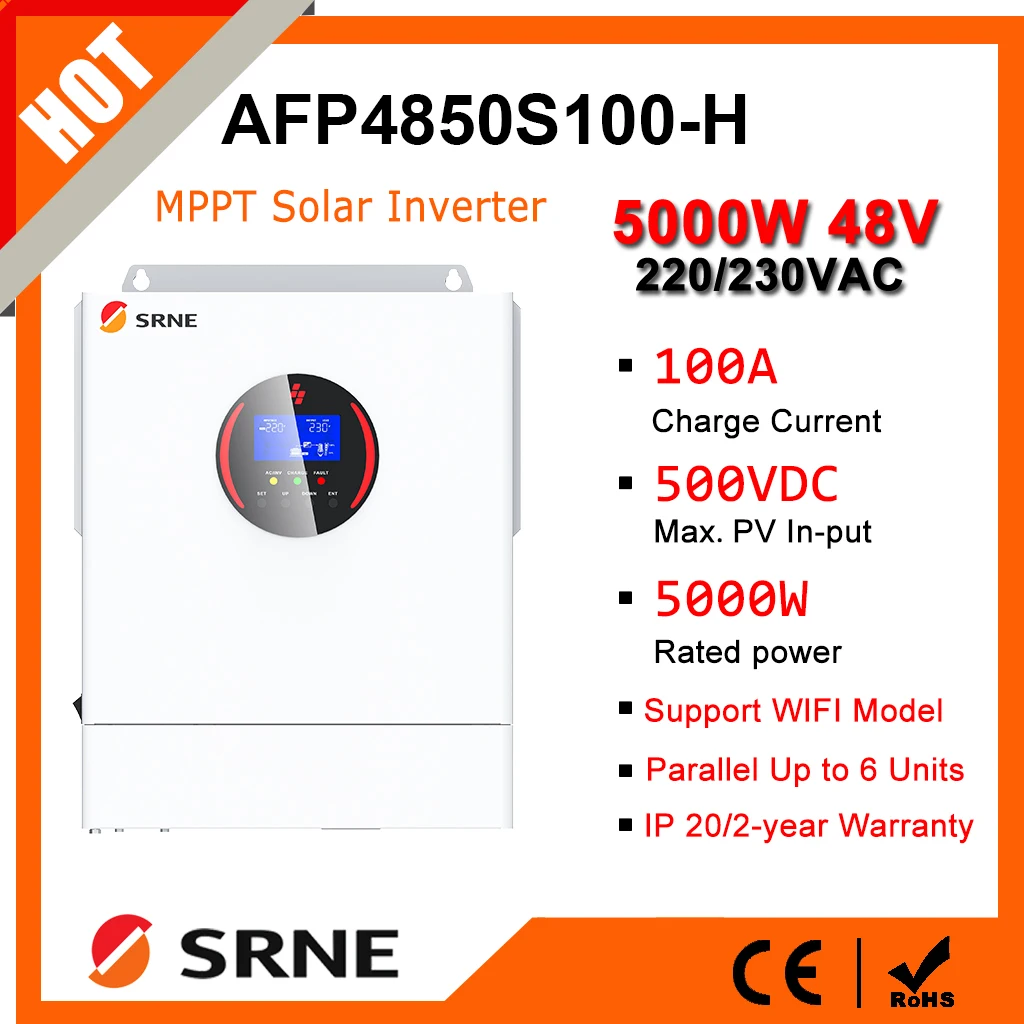 SRNE 5KW 220VAC Off-grid Inverter 48VDC Single Phase Hybrid Solar Inverter PV Max 500VOC Mppt 100A Charger Max Parallel 6 Units