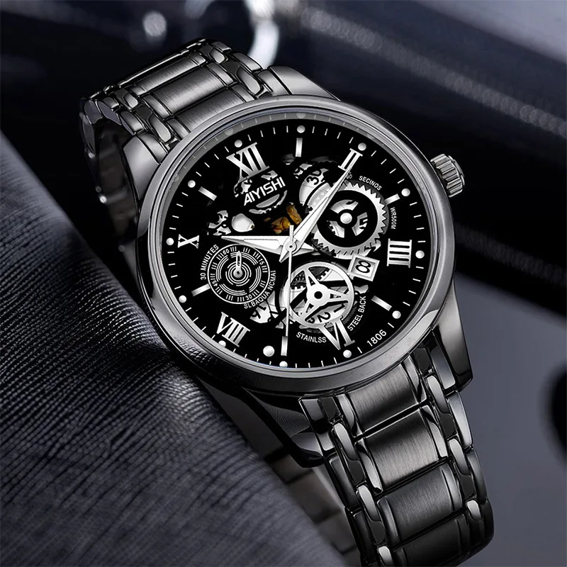 Men's Watch Automatic Non-Mechanical Men's Watch Stainless Steel Waterproof Quartz Calendar Men's Watch Steel Band Luminous