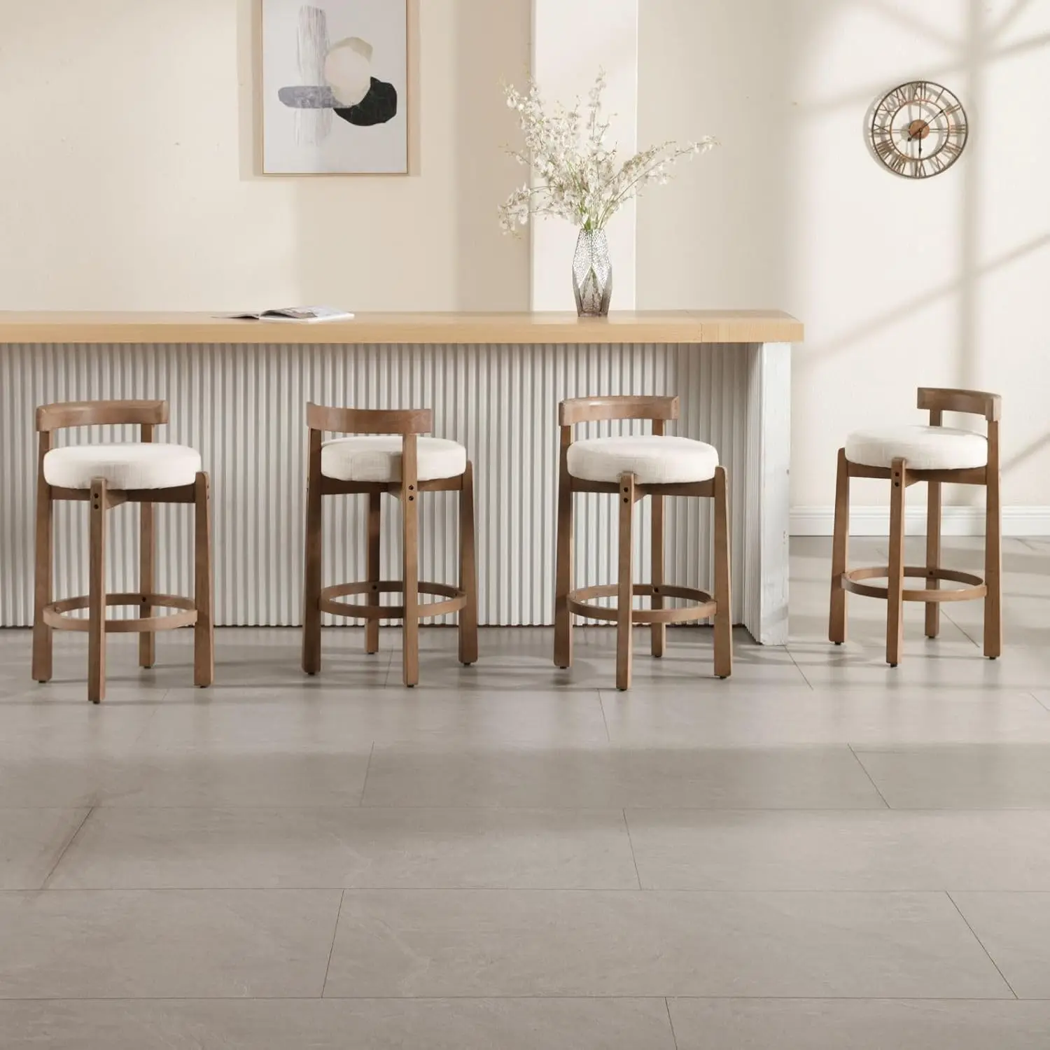 Upholstered 26.5” Seat Height Low Barstools with Natural Wood Legs Round Low Back Kitchen Stools with Footrest image 3