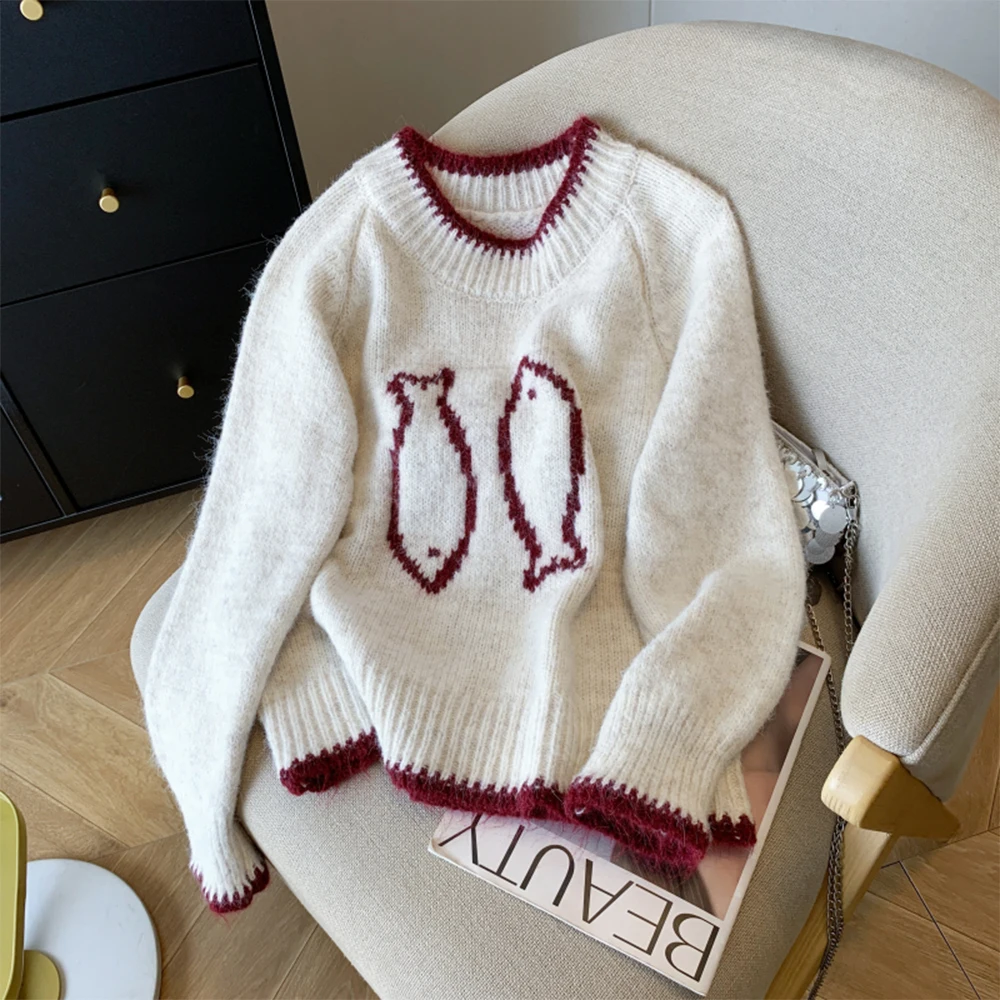 

Women's Apricot O-Neck Pullover Jumper Japanese Sweater Vintage 2000s Y2k Korean Knitwear Long Sleeves Embroidery Sweater Autumn