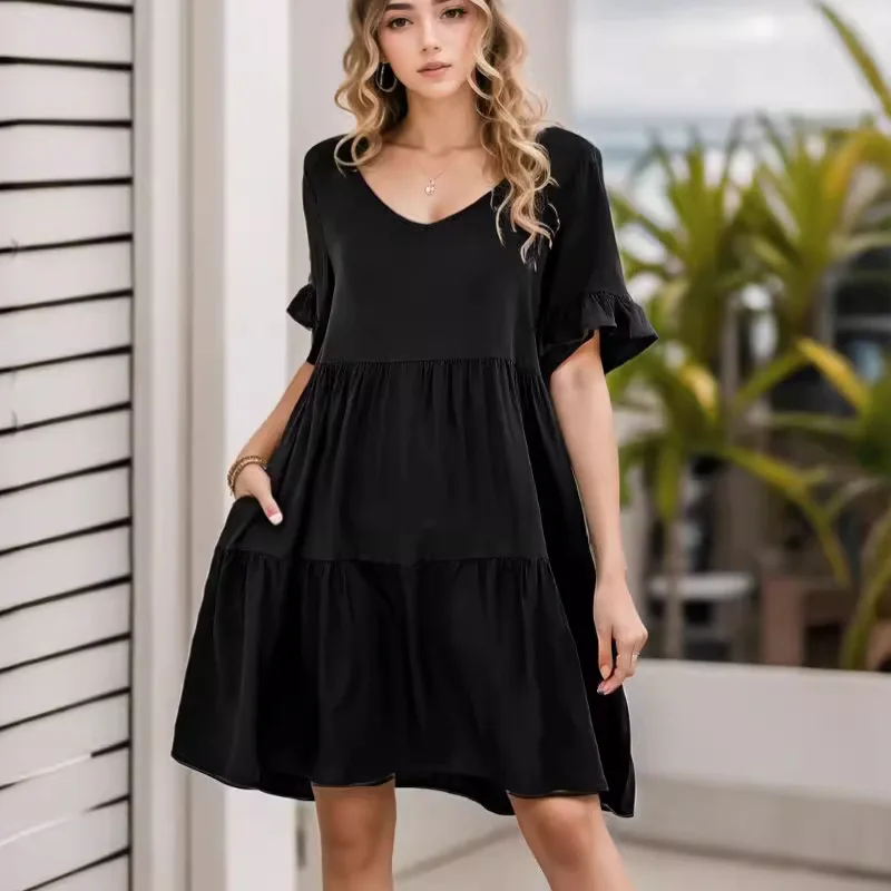 Novo feminino europeu americano verão casual com decote em v babydoll vestido babados de três camadas