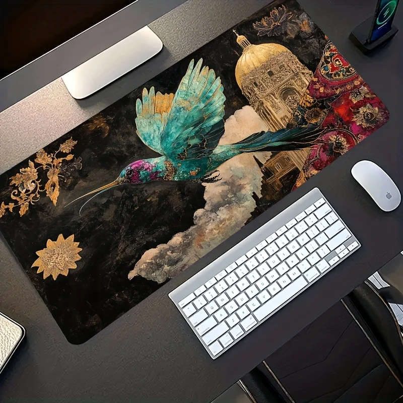 Grand tapis de souris de jeu vintage en métal avec motif de colibris, antidérapant, lavable, base en caoutchouc, décoration artistique en fer, tapis de bureau pour ordinateur et bureau.