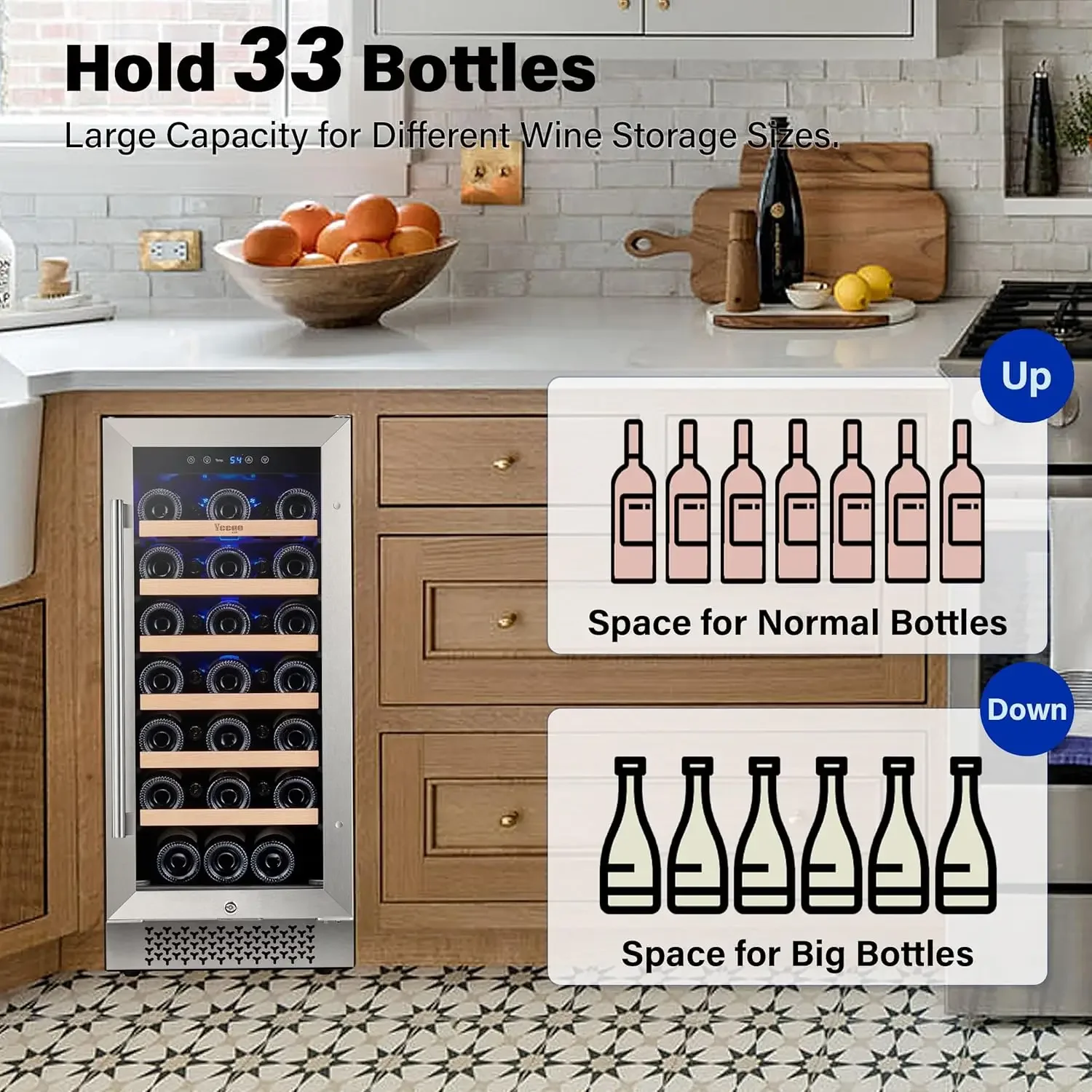 Wine Fridge - 15 inch 33 Bottles 40-65℉ Temperature Touch Control, Built-In/Under Counter/Freestanding Wine Cooler Refrigerator