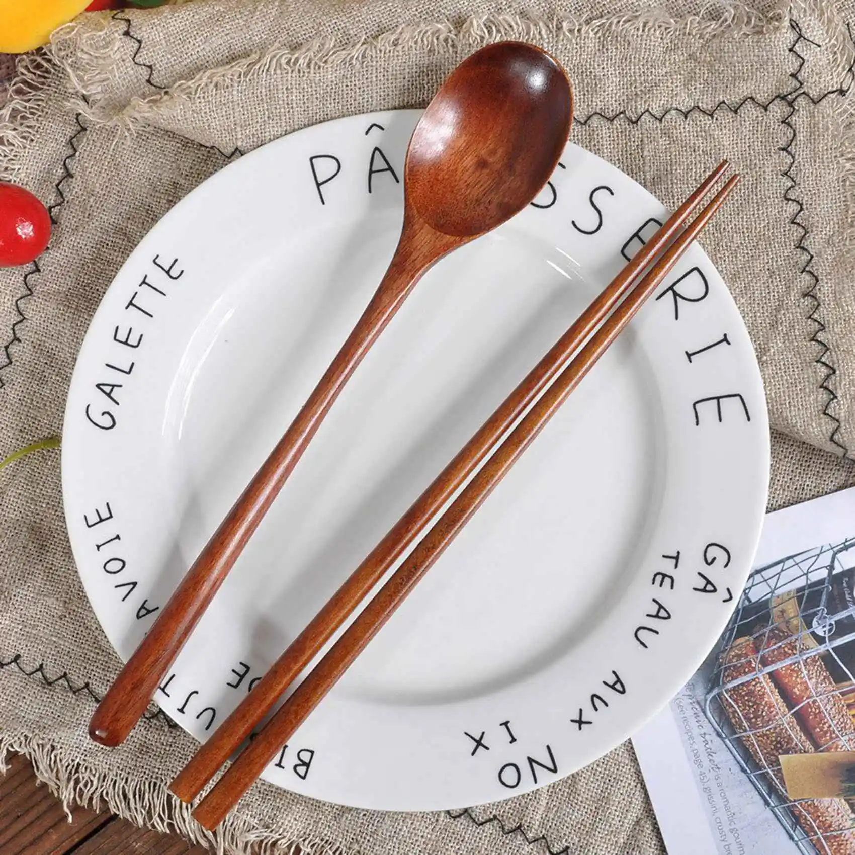 BAAE 2X Teak Wooden Spoons and Chopsticks Set, Non-Stick Spoons Soup-Teaspoon for Kitchen Cooking Utensil Tools