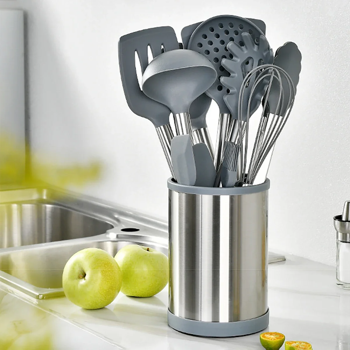 12Pcs Silicone Kitchenware Set Spatula Soup Spoon Non Stick Stainless Steel Kitchen Utensils Rotating Storage Bucket Eggbeater