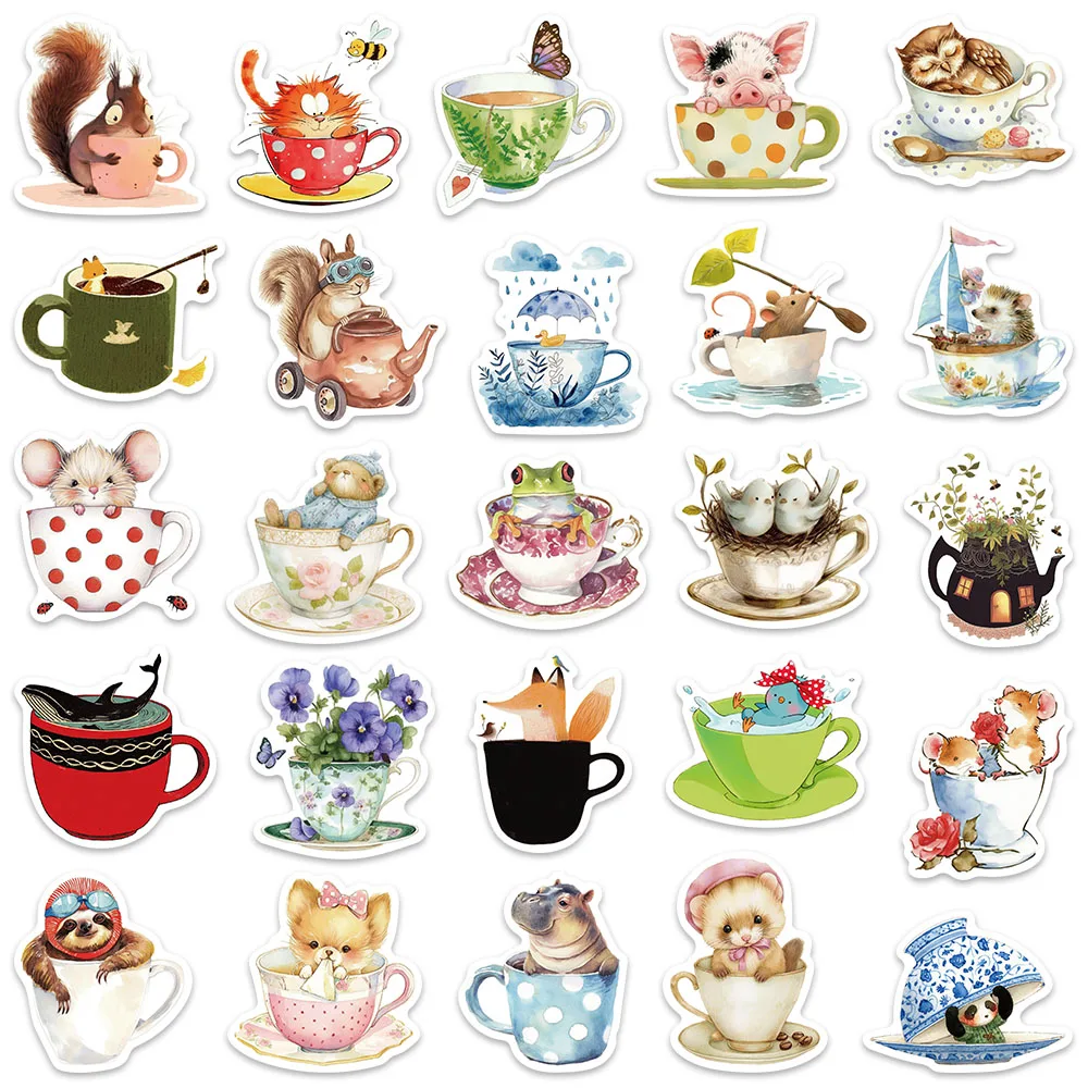 50pcs Cute Cartoon Aesthetic Teacup Animals Stickers Kis Water Bottle Decals Luggage Guitar Phone Laptop Vinyl Sticker