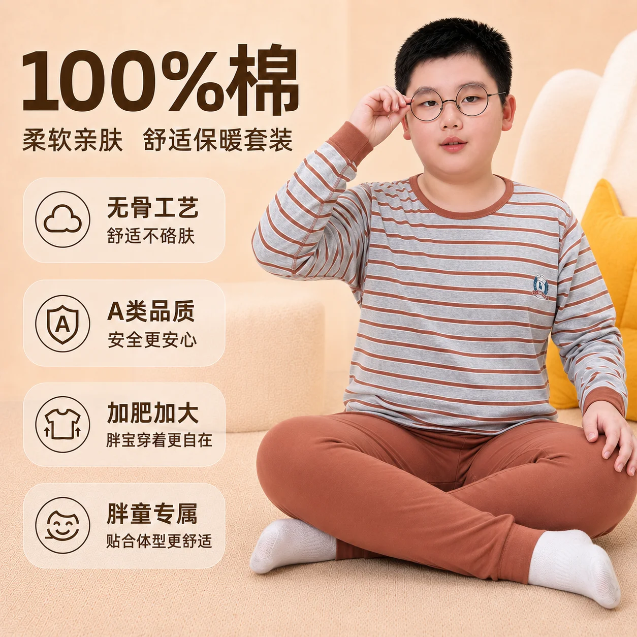 Large-size Boys' 100% Cotton Oversized T-shirts Pants Sets for Chubby Boys Perfect Layering Warm Weather in Autumn and Winter.