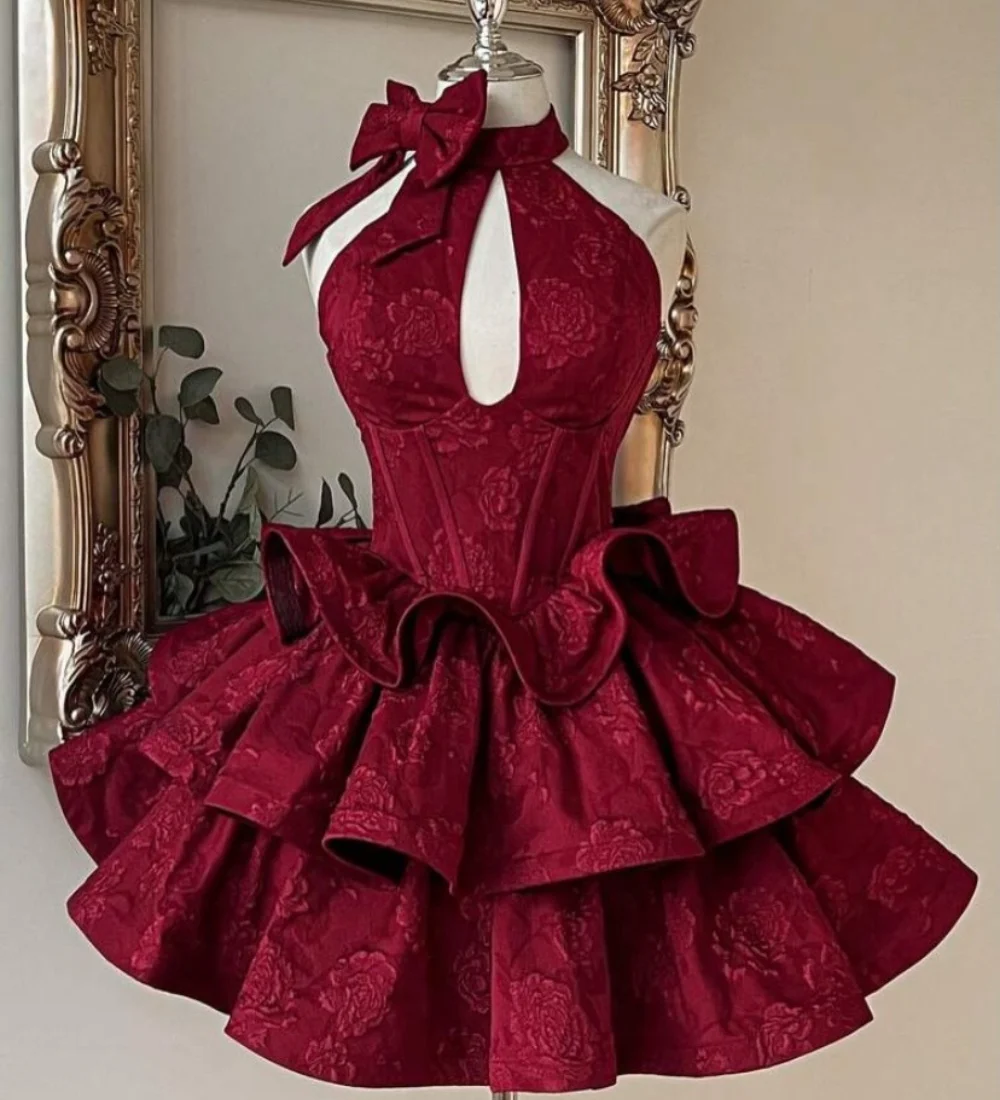 Customized Matching Pleat Lace Bow  A-line Halter Short Bespoke Occasion Party Dresses Sizes Available Elegant