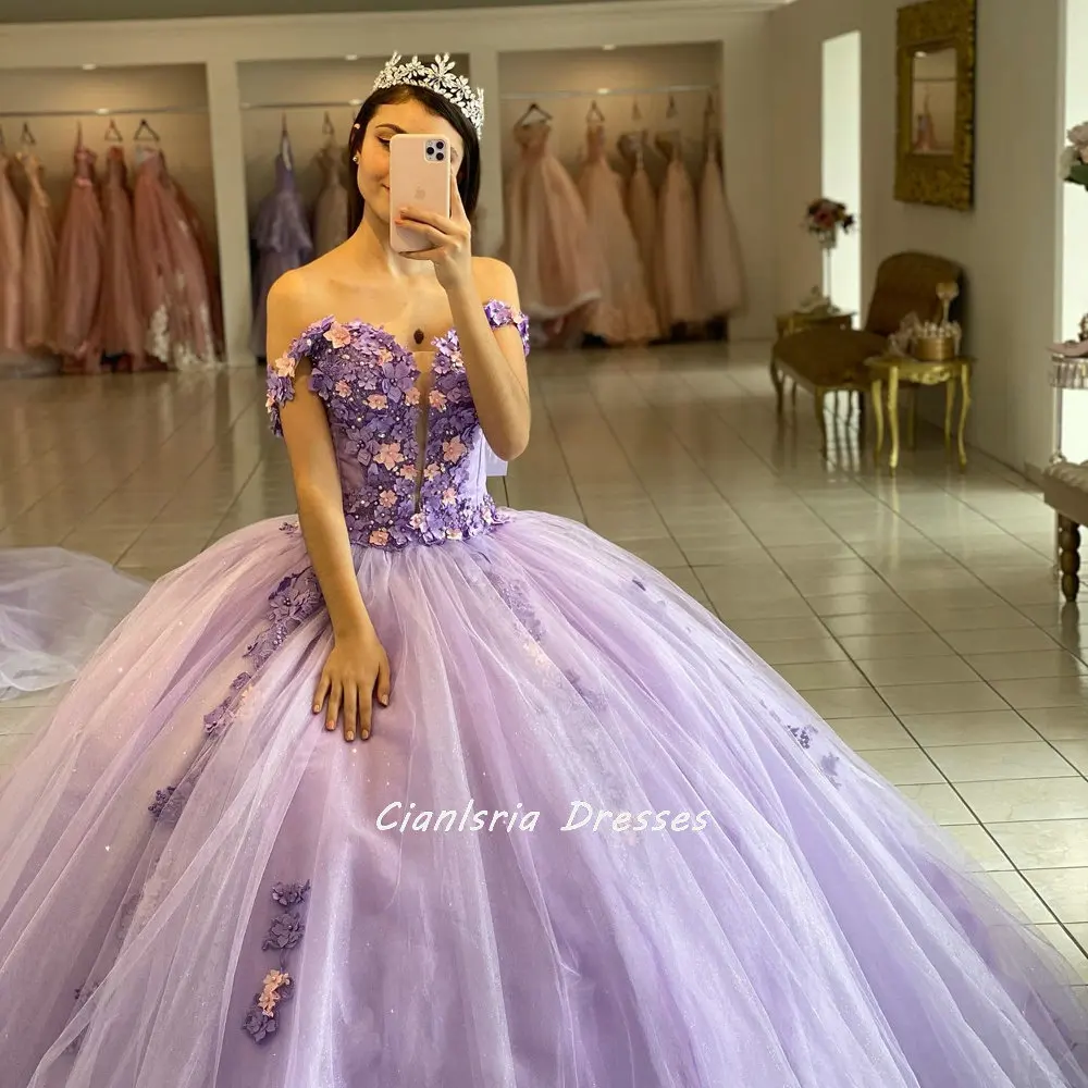 Lavender Floral Appliques Lace Quinceanera Dresses Ball Gown With Pink Flowers Off The Shoulder Corset For Sweet 15 Girls Party