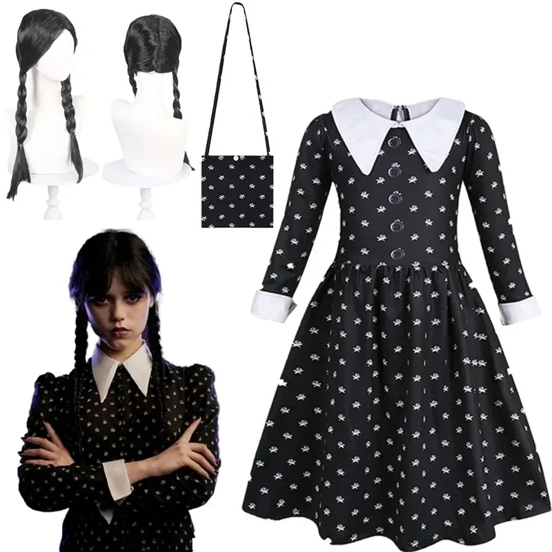 

Fashion Kids Movie Wednesday Addams Cosplay Princess Dress and Wig Bag Set Girl Halloween Costume Carnival Gothic Black Clothes