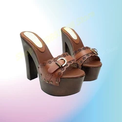 Brown Buckle Belt Peep Toe Platform Slippers Hollow Leather Chunky High Heel Elegant Fashion Women Shoes 2024 Summer Para Mujere