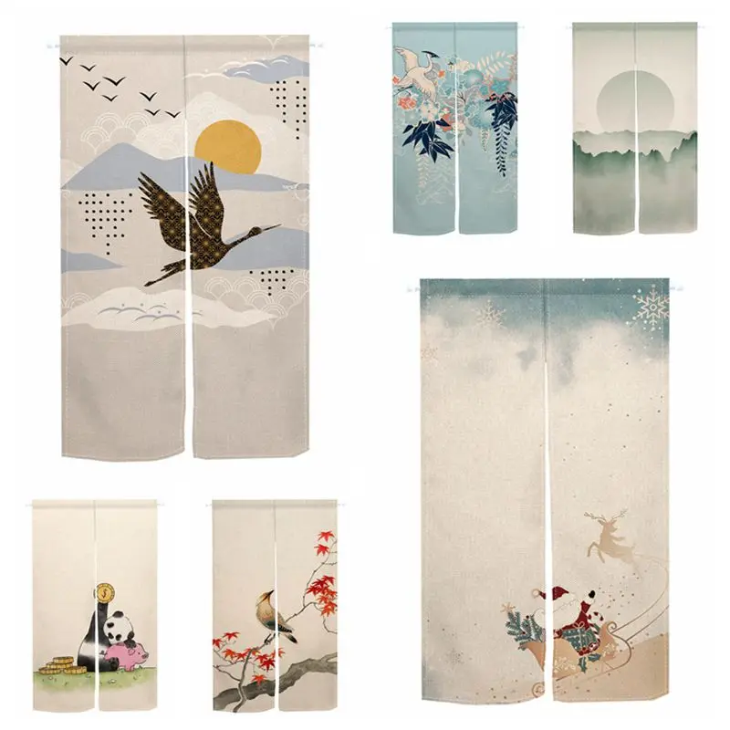 Japanese Style Noren Door Curtains Crane Floral Izakaya Restaurant Partition Linen Doorway Curtain Kitchen Entrance Half Curtain