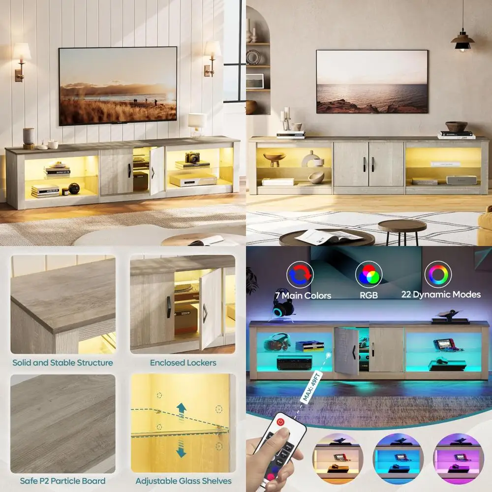 حامل تلفزيون LED لأجهزة التلفاز مقاس 75-86 بوصة، ومركز ترفيه مع خزانة تخزين ورف زجاجي قابل للتعديل لألعاب PS5