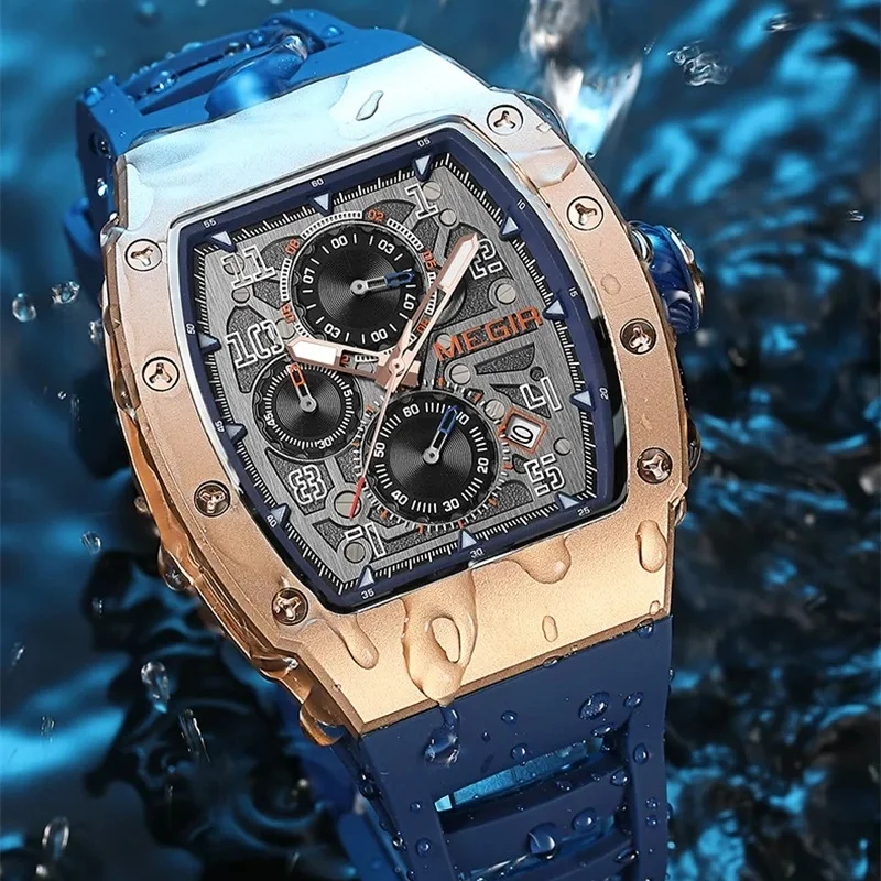 MEGIR 8411, мужские модные кварцевые часы, спортивные водонепроницаемые силиконовые ремешки, светящийся хронограф, роскошные часы для мужчин, reloj hombre