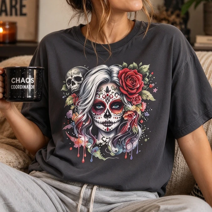 Mexican Day of The Dead Sugar Skull Woman Graphic T Shirt Red Rose Skull Art Print Casual Short Sleeve Gift for Gothic Lovers