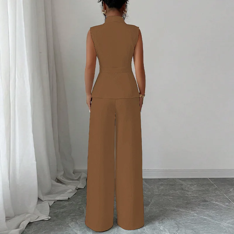 유럽풍 미국 우아한 스타일 단색 조끼 스트레이트 팬츠 여성용 가을 정장