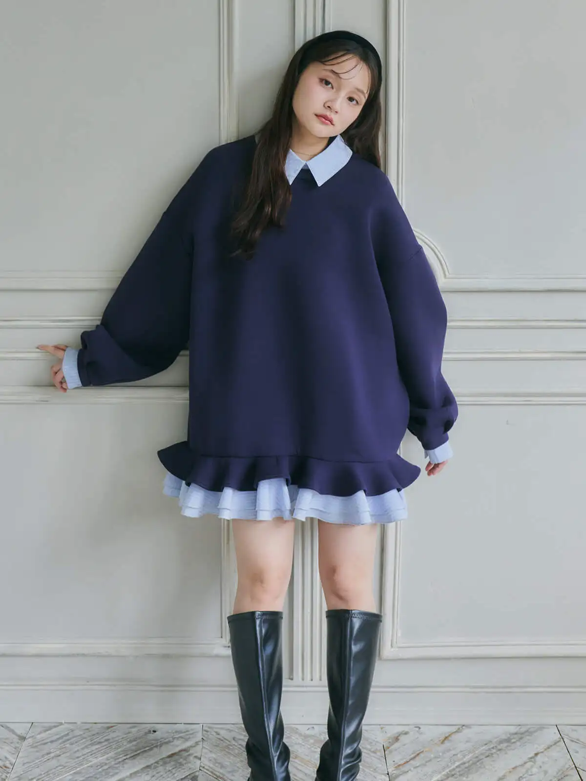 Loose Fitting Heavy Embroidery Sweatshirt Dress Short Skirt Turn down Collar Tapered Hemline Patchwork Spring Autumn Winter N...