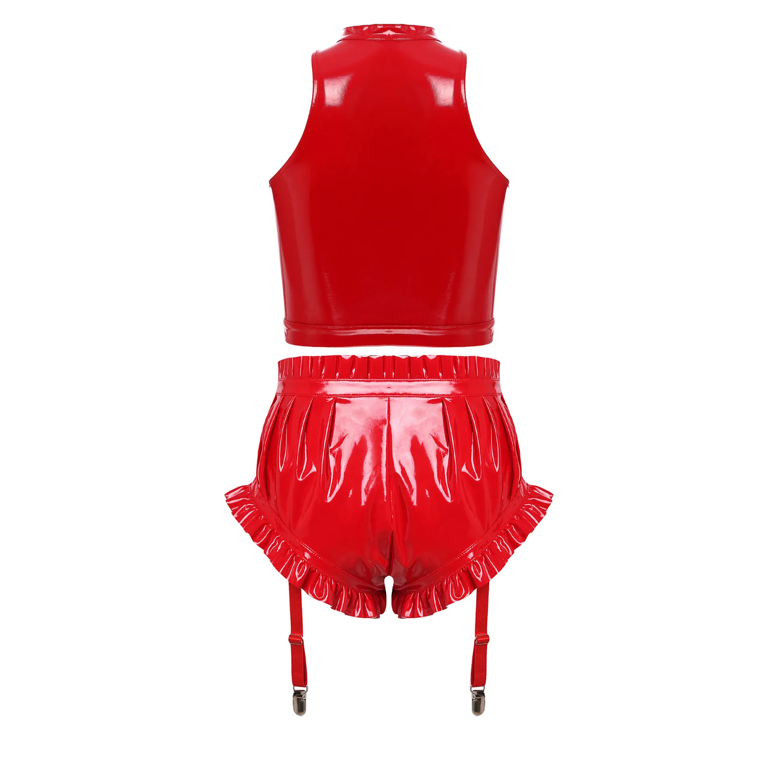 

Женское клубное белье для танцев на пилоне и рейв-вечеринок: топ с косточками и шнуровкой спереди, шорты-брифы с рюшами и клипсами для подвязок