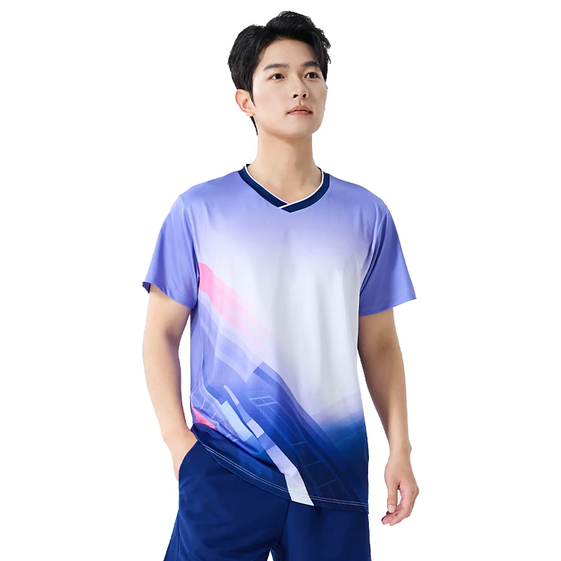Badminton Team Shirts Men Quick Drying Breathable Fitness Training Gradient Printed Short Sleeves Running Outdoor Sports Tees