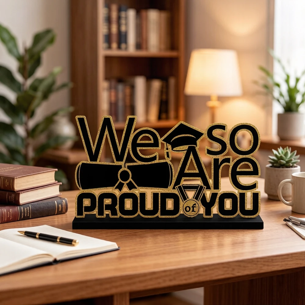 We Are So Proud Of You Graduation Tabletop Decor - Black & Gold Sign with Cap, Graduation Party Centerpiece