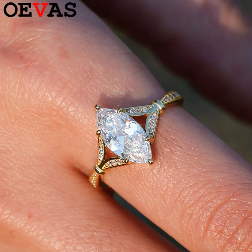 

OEVAS 2ct 6*12mm Moissanite Rings 100% 925 Silver Plated 18K Gold For Women Wedding Party Fine Jewelry