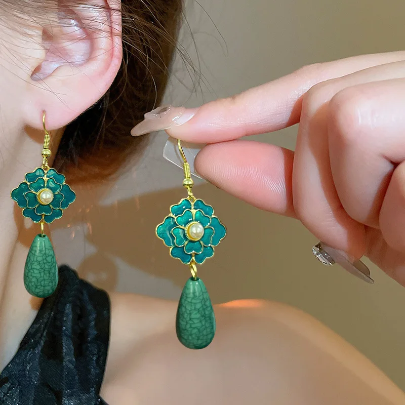 Draweye Flowers Dangles Earrings for Women Chinese Style Vintage Sweet Jewelry Fashion Elegant Green Pendientes Mujer