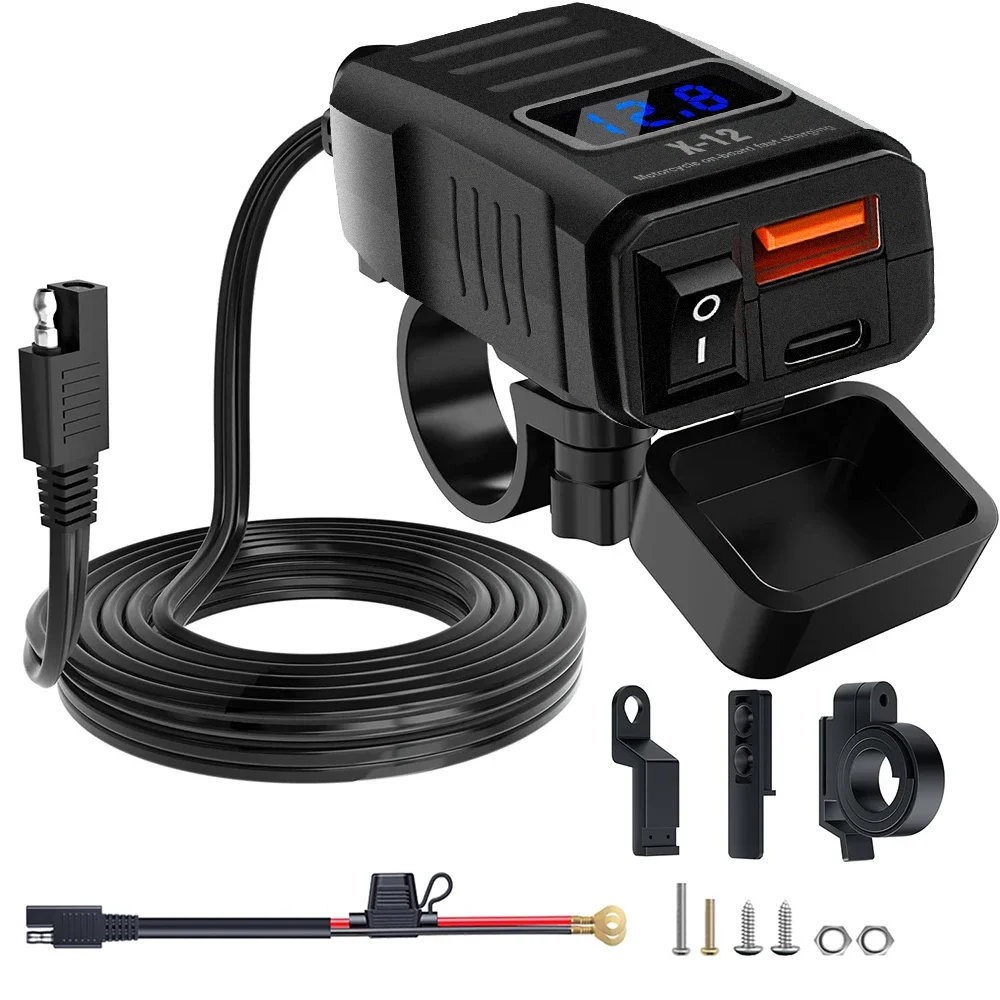 New Motorcycle Dual USB Fast Charger Waterproof Type C Port Socket Connector With Cell Mobile Voltmeter Digital Charge 3.0 image 2