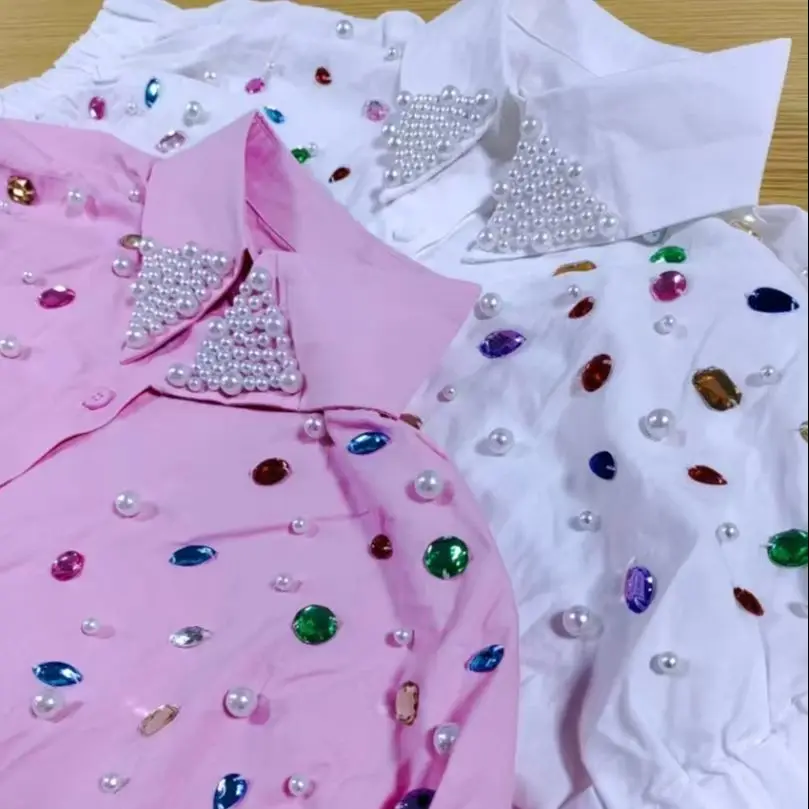 

Real Photo Colorful Diamonds Embroidery Cotton Shirts Blouses Women's Short Sleeve Tops Woman Clothing Korean Popular Clothes