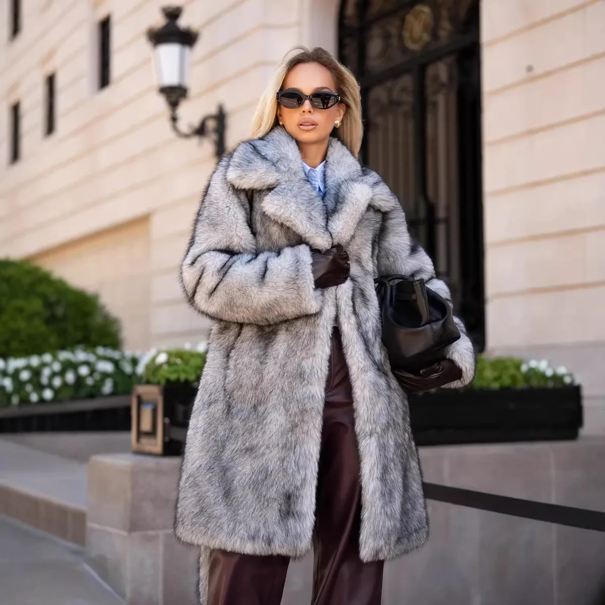 Women Faux Fox Fur Coats Sashes Fur Jackets Mid Length Cotton Linen Lapel Collar Long Sleeves Cinched Waist Casual 2026 Winter