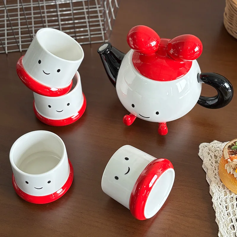 High Aesthetic Bow Ceramic Tea Set,Smile Cups & Teapot with Drain Hole Microwave Safe,for Afternoon Tea Home Drinkware