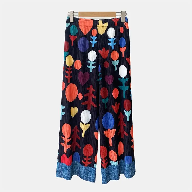 Folded niche  retro printing thin straight casual pants children's high-end summer drape eight-point nine-point pants