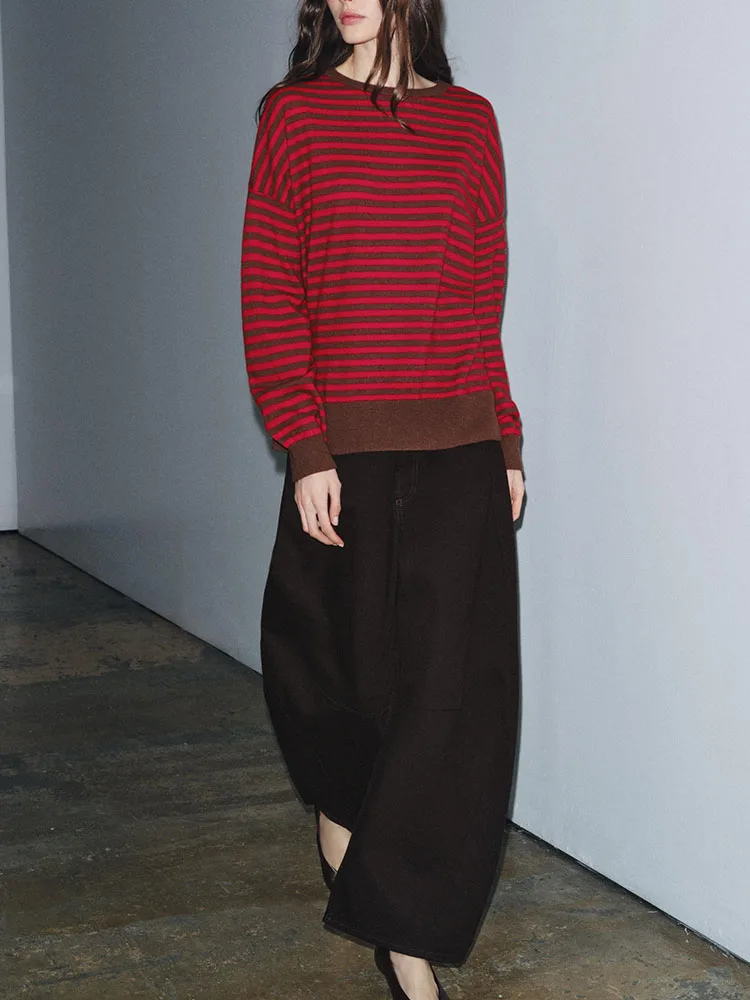 

Новое поступление зимы 2022, женский трикотаж, круглый Ne Long Sve в полоску, свободный крой для колледжа, обычный тонкий накладный убор